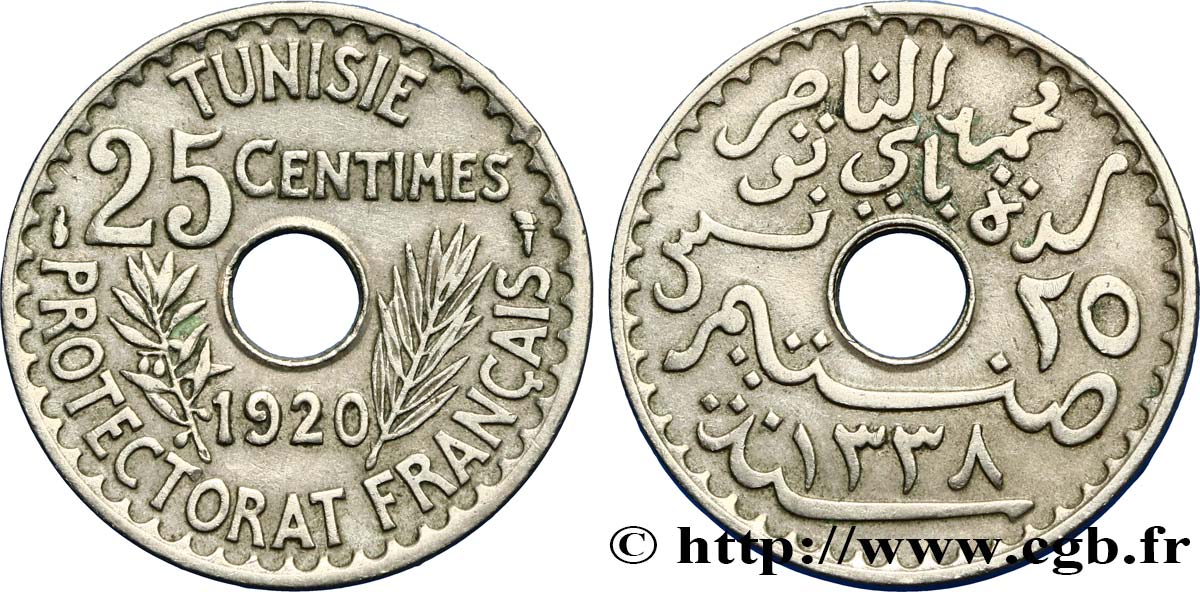 TUNEZ - Protectorado Frances 25 Centimes AH1338 1920 Paris MBC+ 