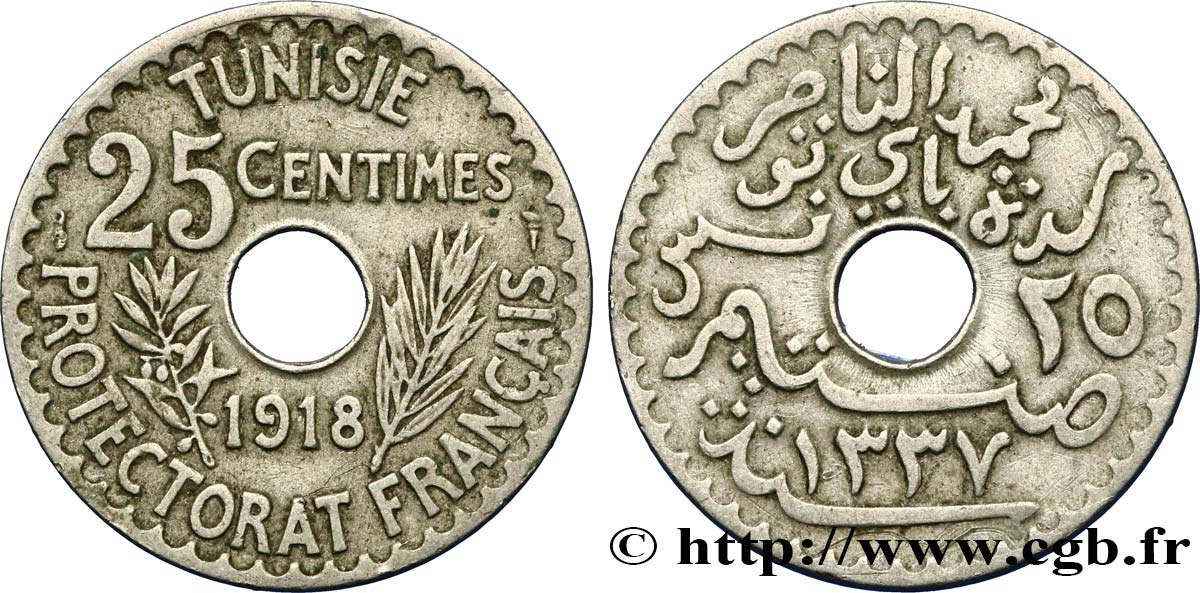 TUNISIA - Protettorato Francese 25 Centimes AH1337 1918 Paris BB 
