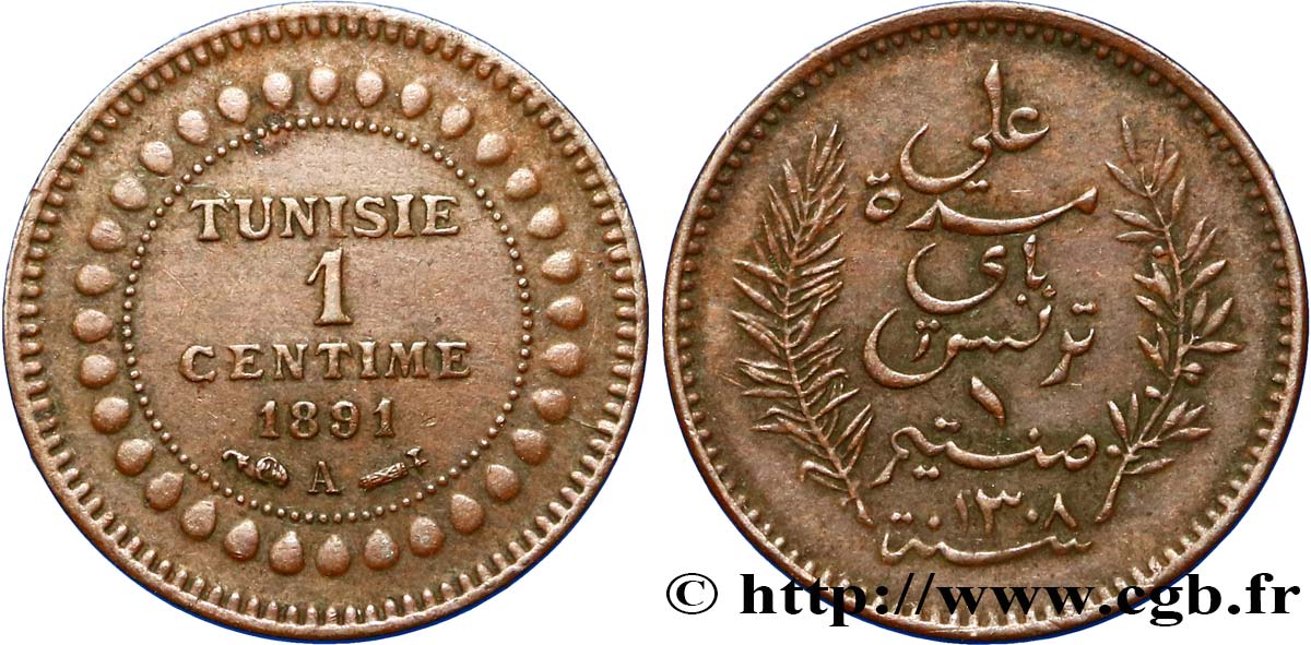 TUNESIEN - Französische Protektorate  1 Centime AH1308 1891 Paris fVZ 