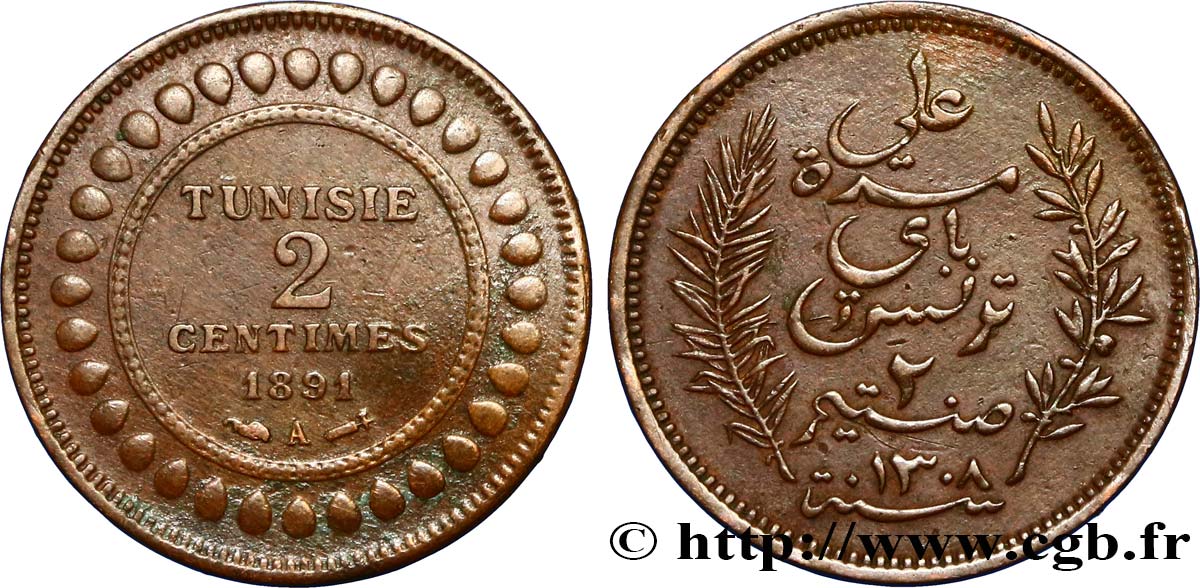 TUNESIEN - Französische Protektorate  2 Centimes AH1308 1891  SS 