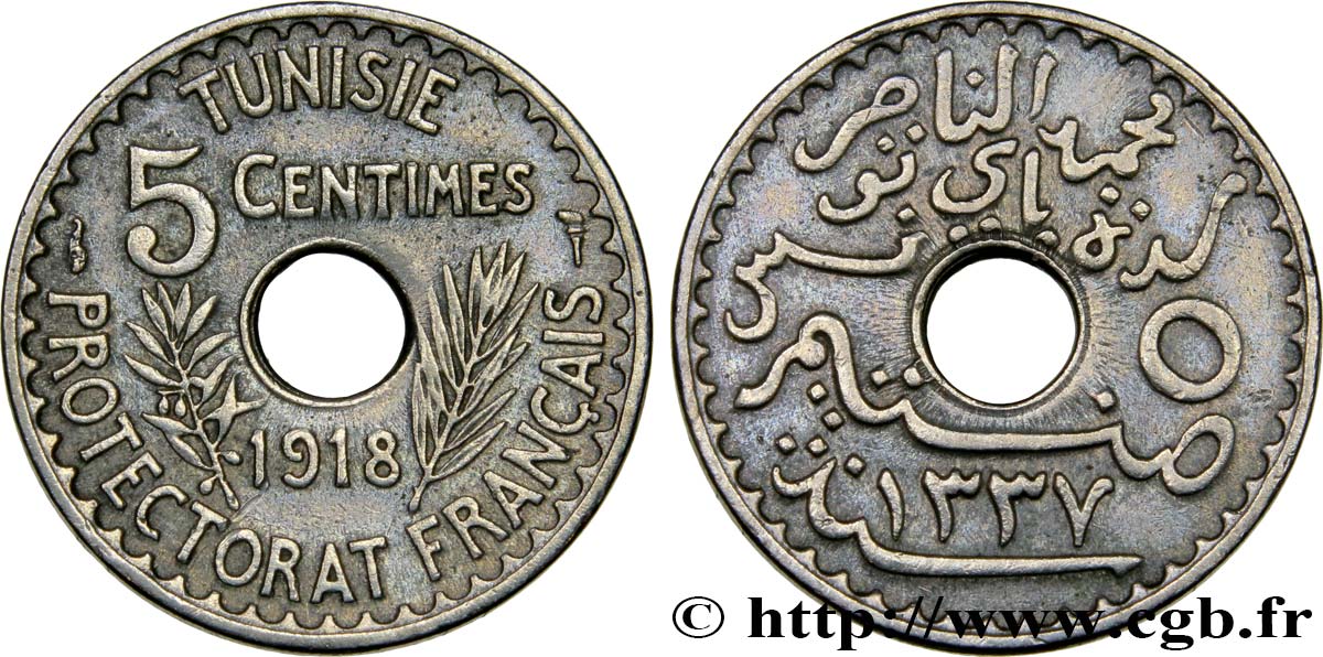TUNISIA - Protettorato Francese 5 Centimes AH 1337 1918 Paris q.SPL 