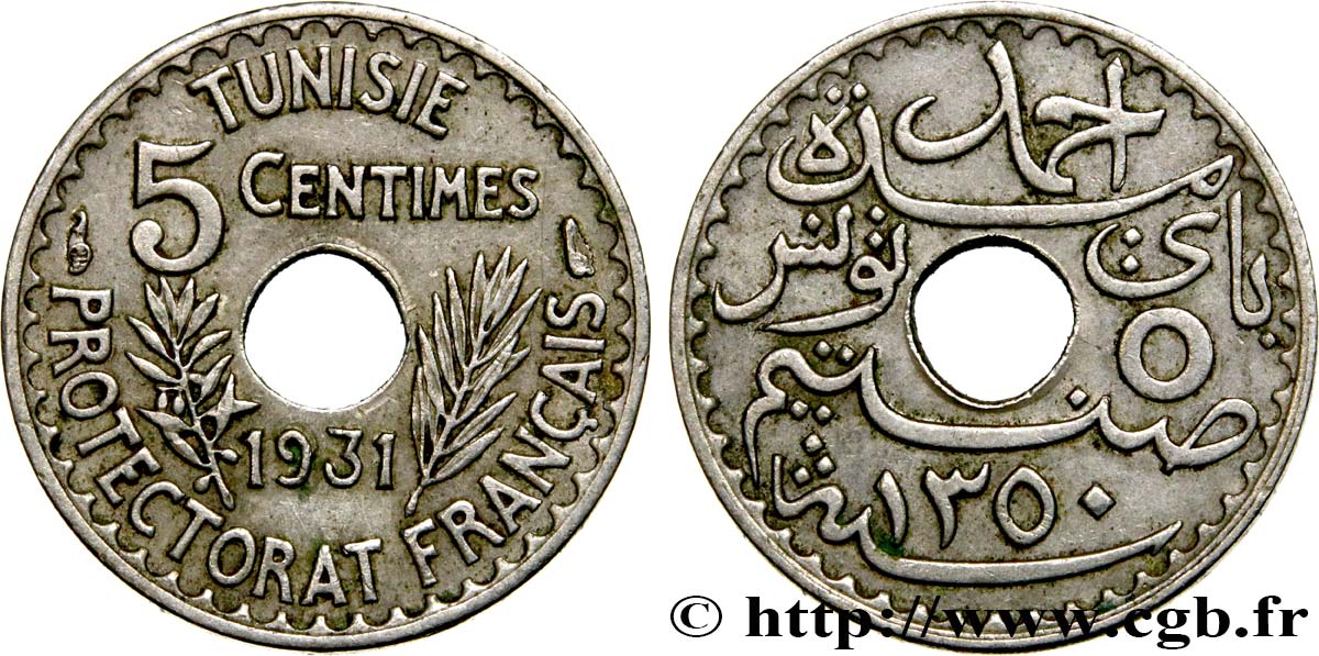 TUNISIE - PROTECTORAT FRANÇAIS 5 Centimes AH1350 1931 Paris TTB+ 