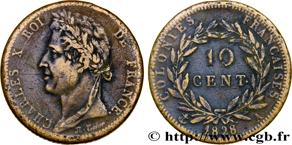 COLONIE FRANCESI - Carlo X, per Guyana 10 Centimes Charles X 1828 Paris - A q.BB 