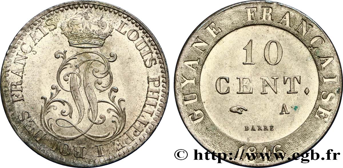 FRANZÖSISCHE-GUAYANA 10 Cent. (imes) monogramme de Louis-Philippe 1846 Paris fST 