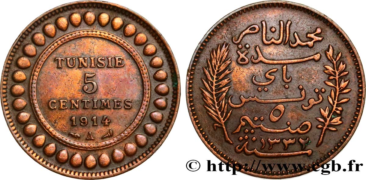 TUNESIEN - Französische Protektorate  5 Centimes AH1332 1914 Paris fVZ 