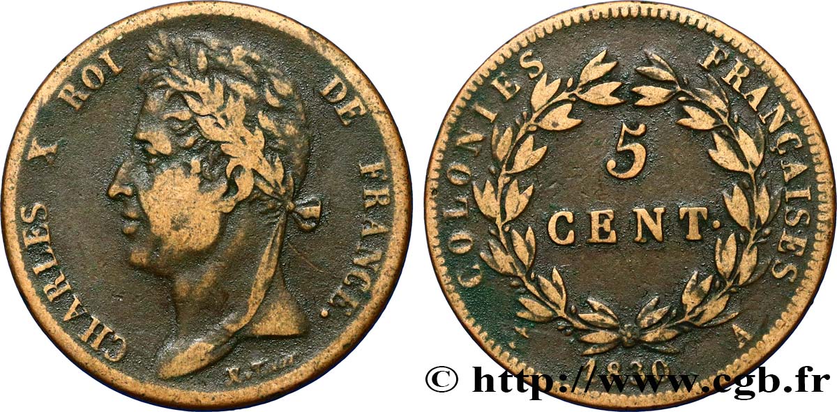 FRANZÖSISCHE KOLONIEN - Charles X, für Guayana 5 Centimes Charles X 1830 Paris - A fSS 