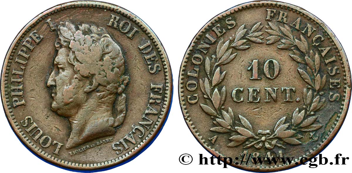 COLONIAS FRANCESAS - Louis-Philippe para Guadalupe 10 Centimes 1841 Paris BC+ 