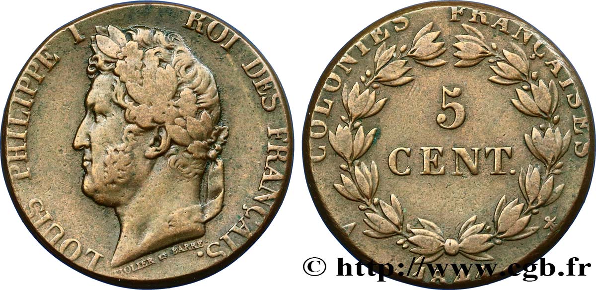 COLONIE FRANCESI - Luigi Filippo, per Guadalupa 5 Centimes Louis Philippe Ier 1841 Paris - A MB 