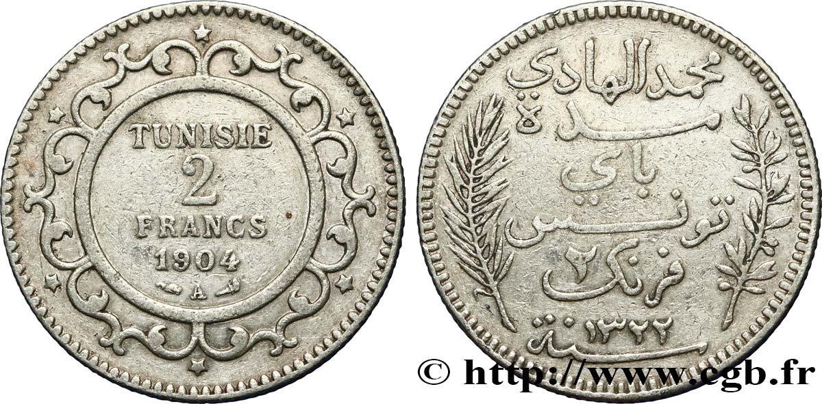 TUNISIA - French protectorate 2 Francs AH1322 1904 Paris - A XF 