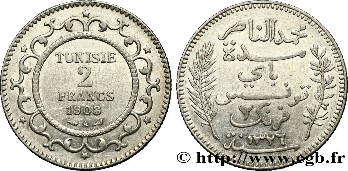 TUNISIA - French protectorate 2 Francs AH1326 1908 Paris - A AU 