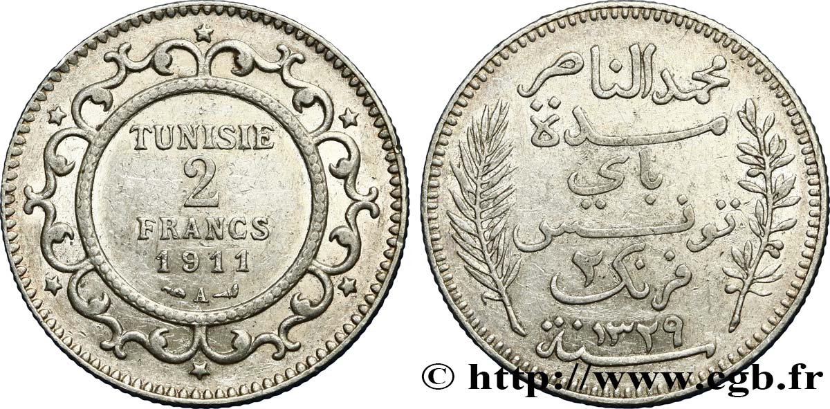 TUNISIA - French protectorate 2 Francs AH1329 1911 Paris - A AU 
