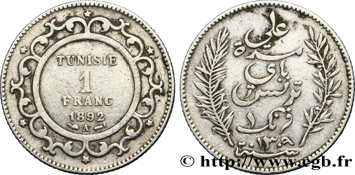 TUNISIA - FRENCH PROTECTORATE 1 Franc AH1309 1892 Paris XF 