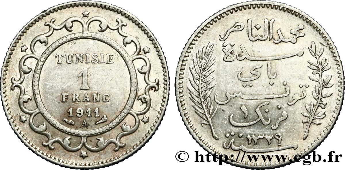 TUNISIA - French protectorate 1 Franc AH1329 1911 Paris AU 