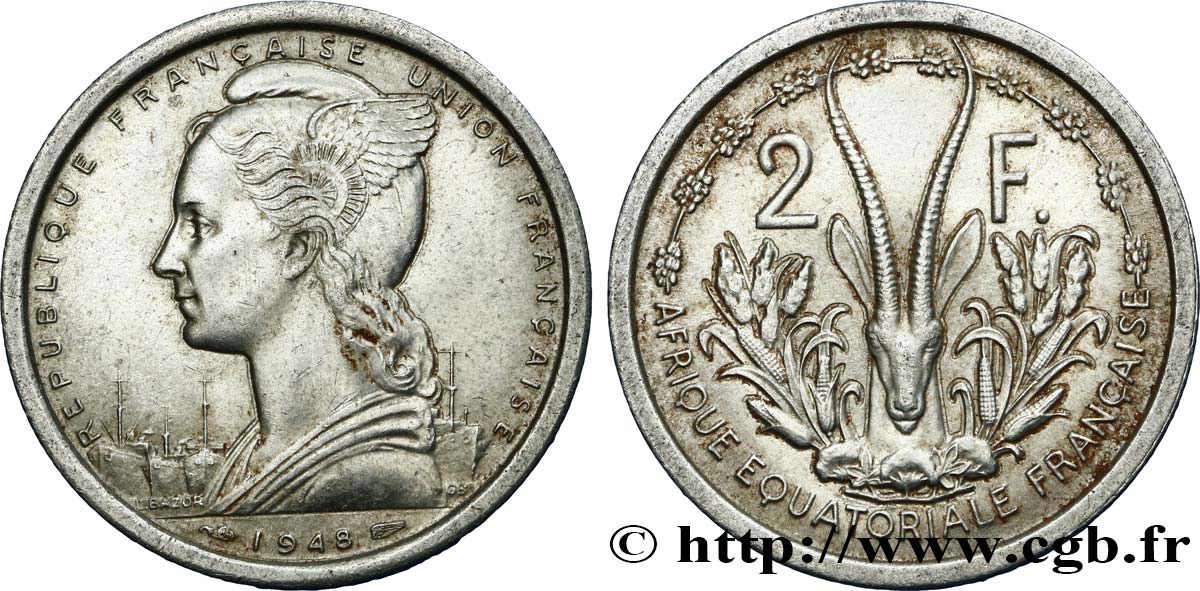 FRANZÖSISCHE EQUATORIAL AFRICA - FRANZÖSISCHE UNION 2 Francs 1948 Paris fVZ 