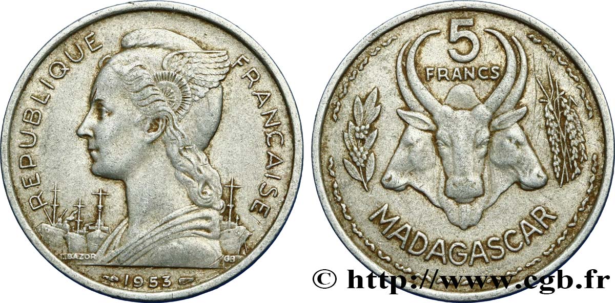 MADAGASCAR - UNION FRANCESE 5 Francs 1953 Paris BB 