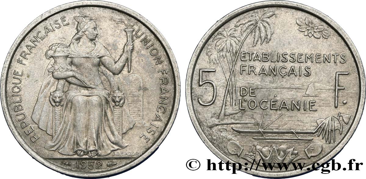 FRENCH POLYNESIA - French Oceania 5 Francs Établissements Français de l’Océanie 1952 Paris AU 