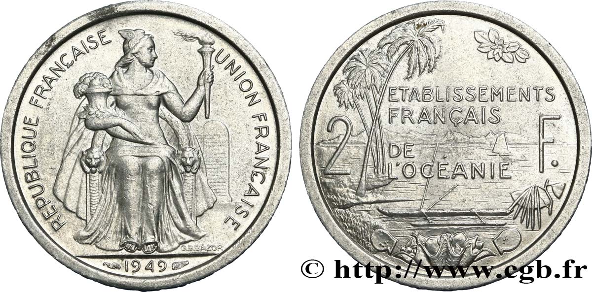 FRENCH POLYNESIA - French Oceania 2 Francs Union Française 1949 Paris AU 