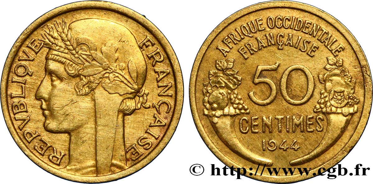 FRENCH WEST AFRICA 50 Centimes Morlon 1944 Londres XF 