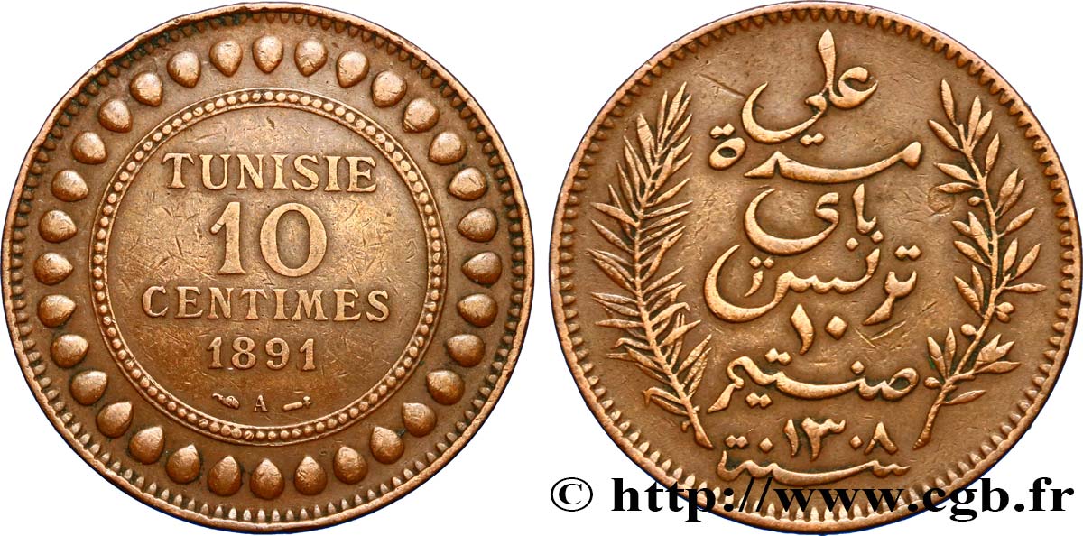 TUNEZ - Protectorado Frances 10 Centimes AH1308 1891 Paris MBC 
