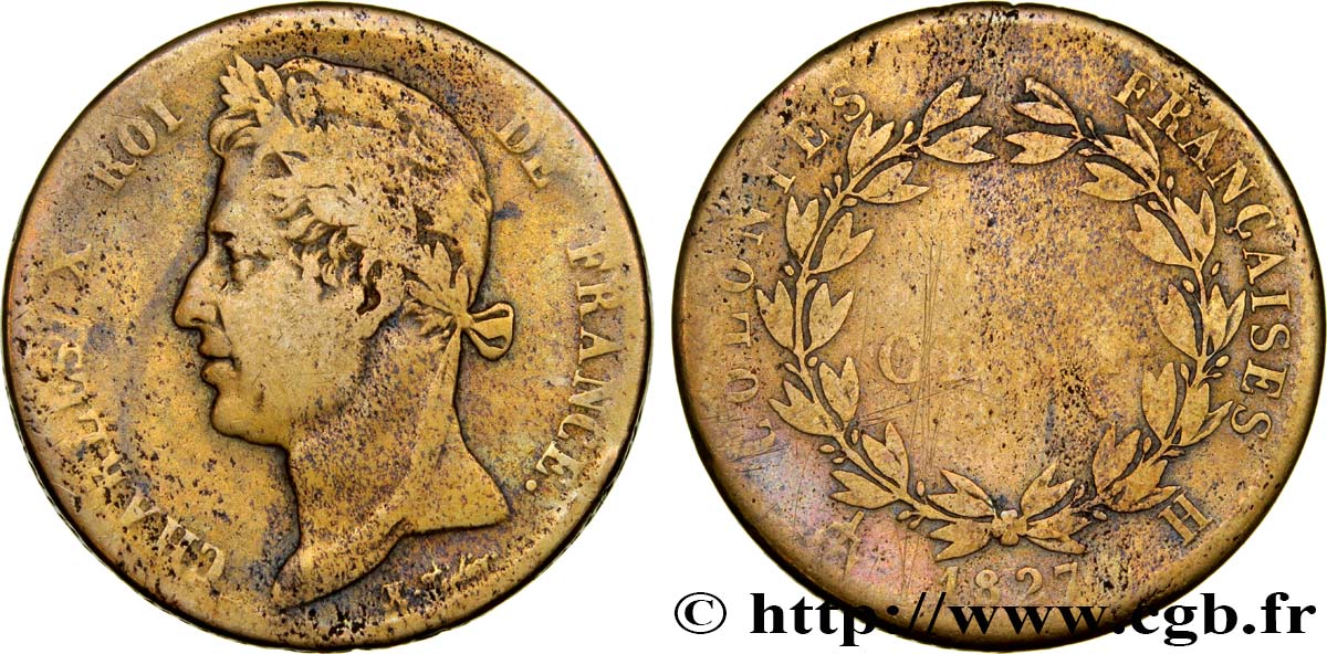 COLONIAS FRANCESAS - Charles X, para Martinica y Guadalupe 5 Centimes Charles X 1827 La Rochelle - A RC+ 