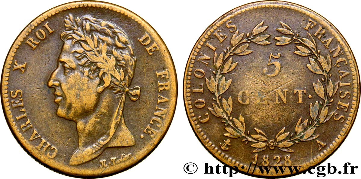 FRANZÖSISCHE KOLONIEN - Charles X, für Guayana 5 Centimes Charles X 1828 Paris - A fSS 