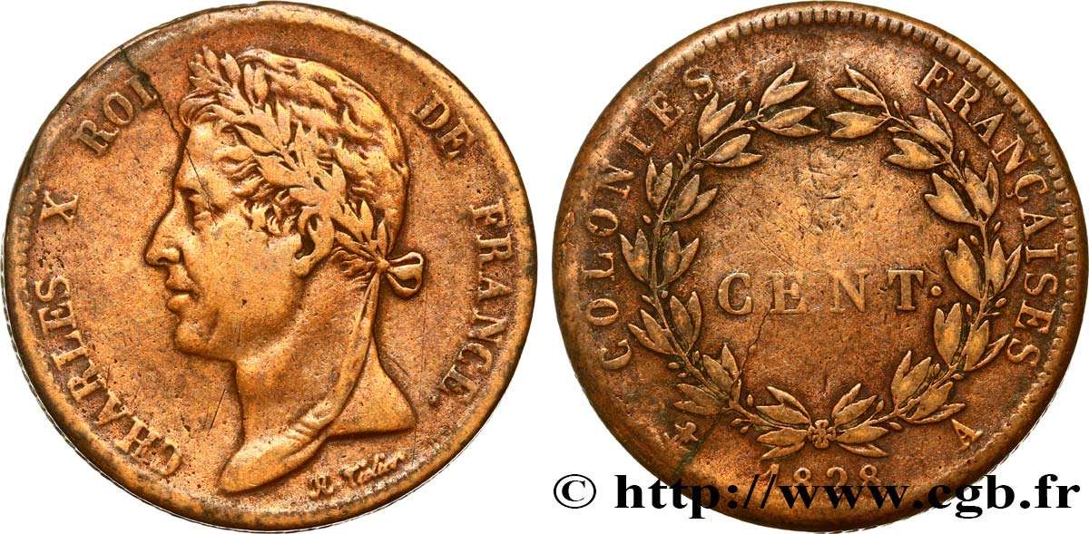 COLONIE FRANCESI - Carlo X, per Guyana 5 Centimes Charles X 1828 Paris - A q.BB 
