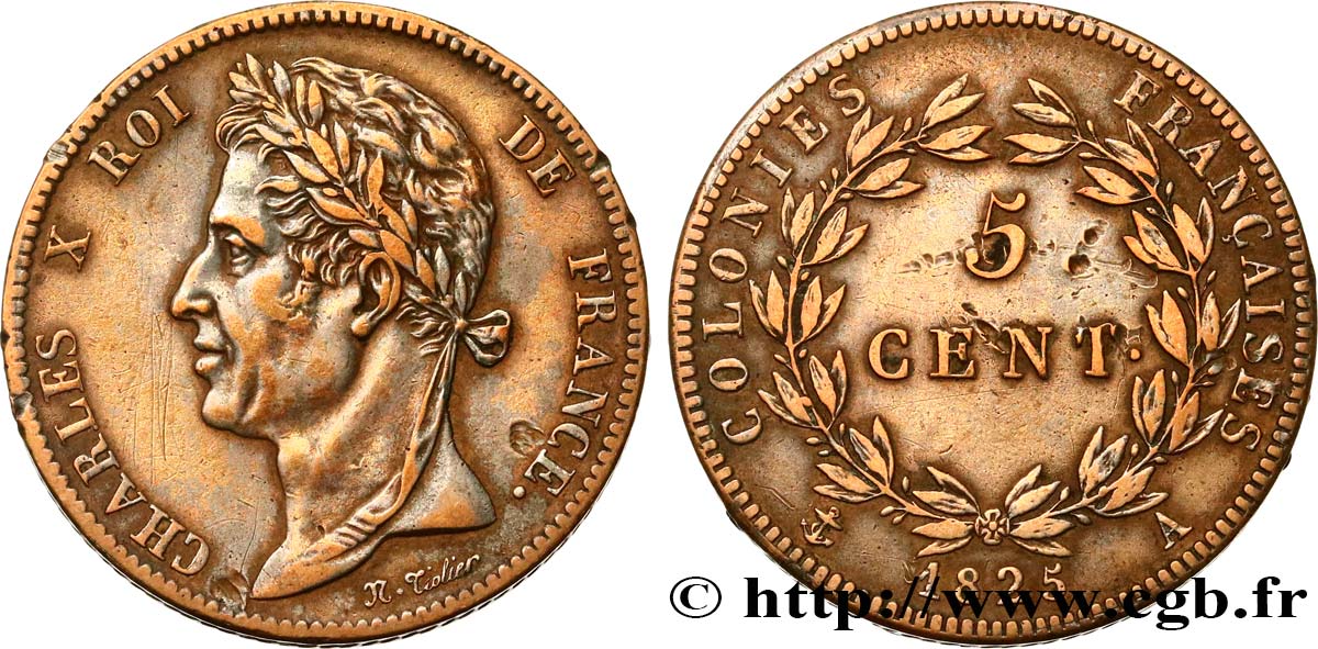 COLONIES FRANÇAISES - Charles X, pour la Guyane et le Sénégal 5 Centimes Charles X 1825 Paris - A TTB 