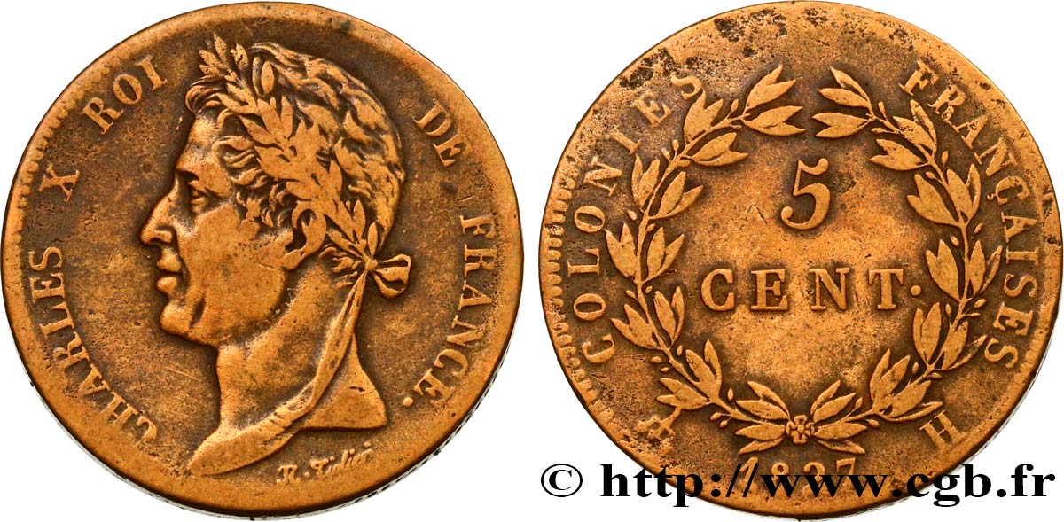 COLONIE FRANCESI - Carlo X, per Martinica e Guadalupa 5 Centimes Charles X 1827 La Rochelle - A q.BB 