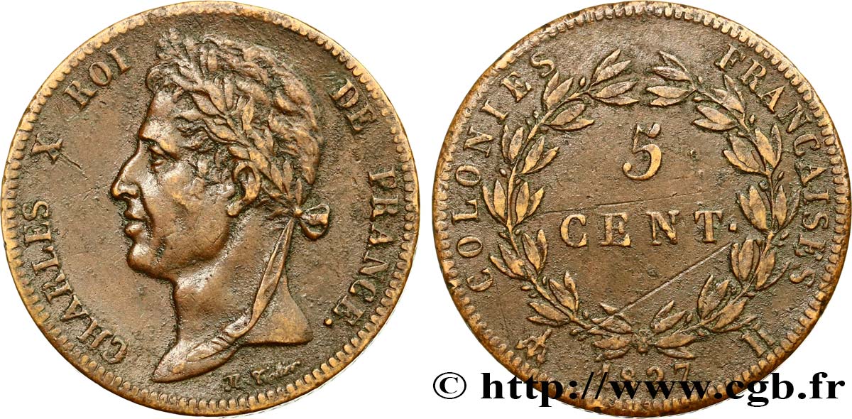 COLONIAS FRANCESAS - Charles X, para Martinica y Guadalupe 5 Centimes Charles X 1827 La Rochelle - A MBC 