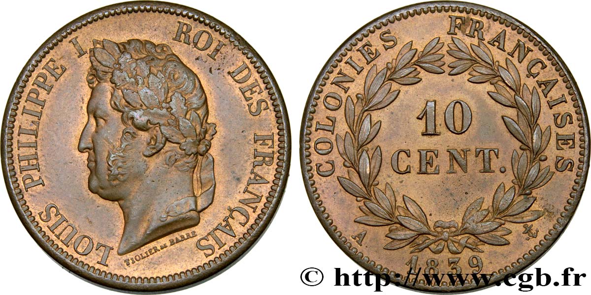 COLONIAS FRANCESAS - Louis-Philippe para Guadalupe 10 Centimes Louis Philippe Ier 1839 Paris - A EBC+ 
