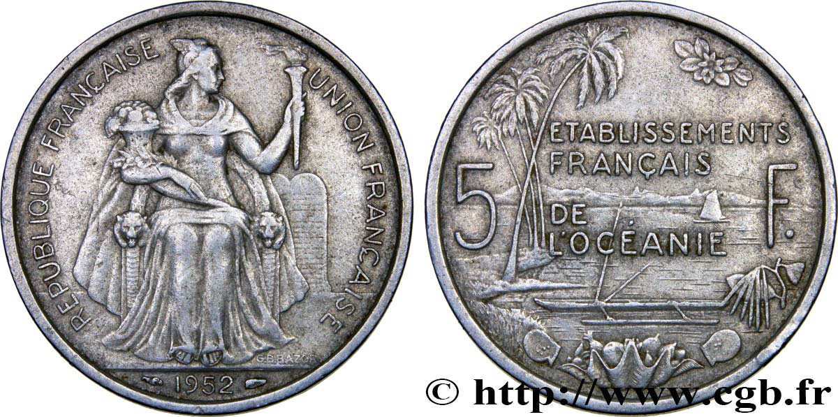 FRENCH POLYNESIA - Oceania Francesa 5 Francs Établissements Français de l’Océanie 1952 Paris MBC 