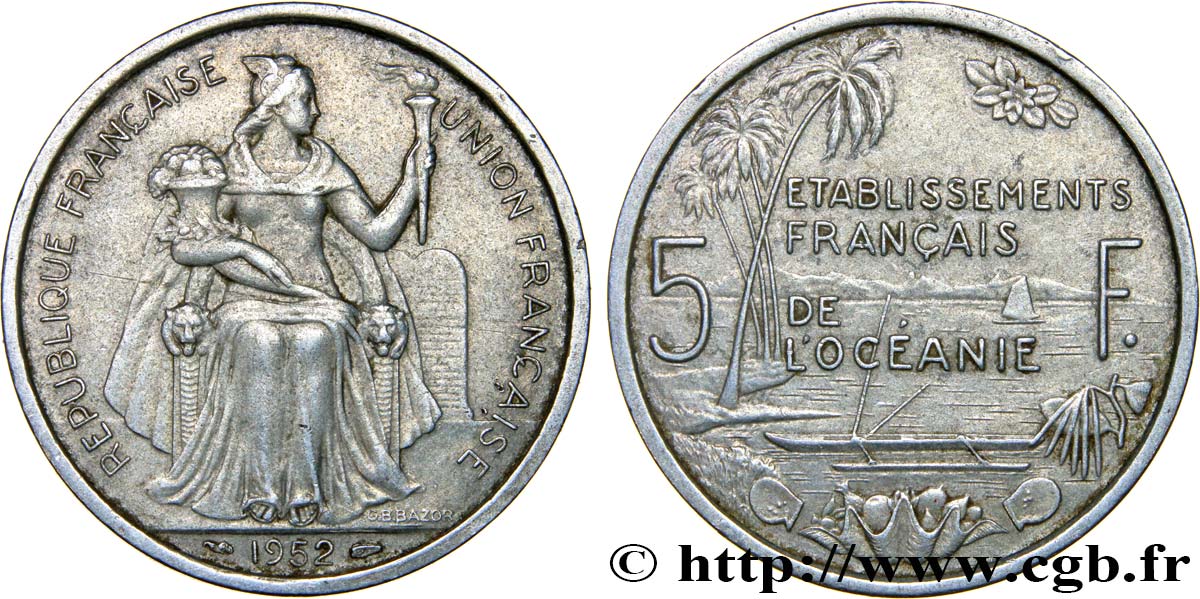 POLINESIA FRANCESE - Oceania Francese 5 Francs Établissements Français de l’Océanie 1952 Paris BB 