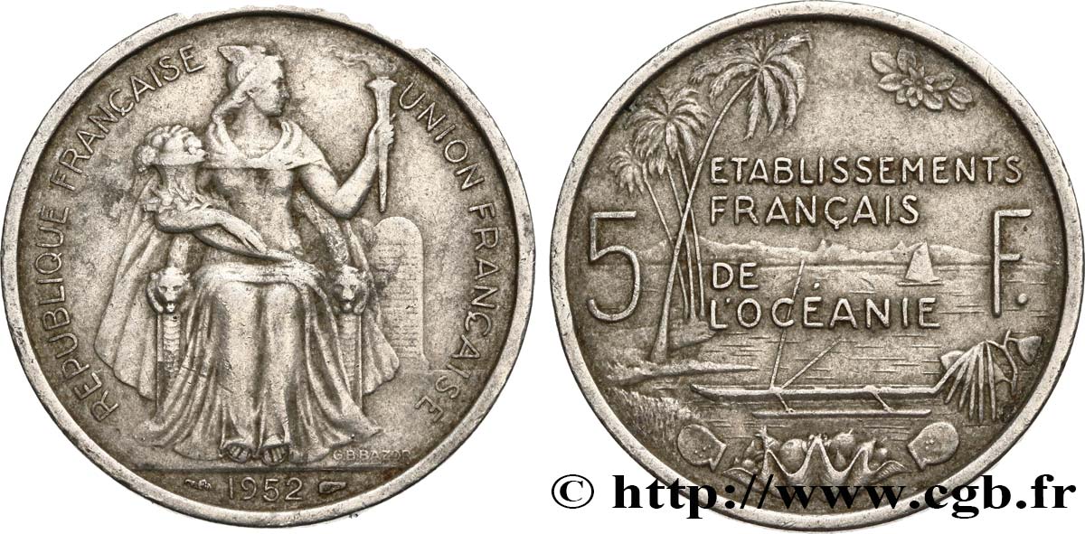 POLYNÉSIE FRANÇAISE - Océanie française 5 Francs Établissements Français de l’Océanie 1952 Paris TTB 
