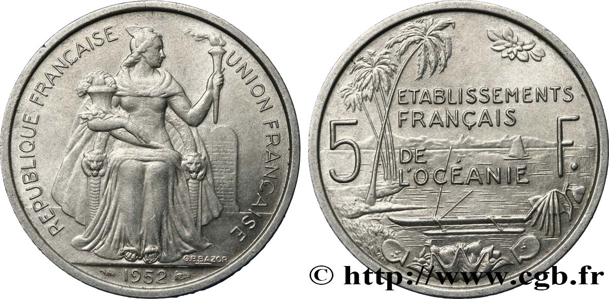 FRENCH POLYNESIA - Oceania Francesa 5 Francs Établissements Français de l’Océanie 1952 Paris EBC 