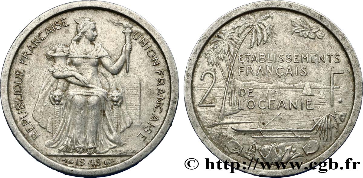 FRENCH POLYNESIA - French Oceania 2 Francs Union Française 1949 Paris XF 