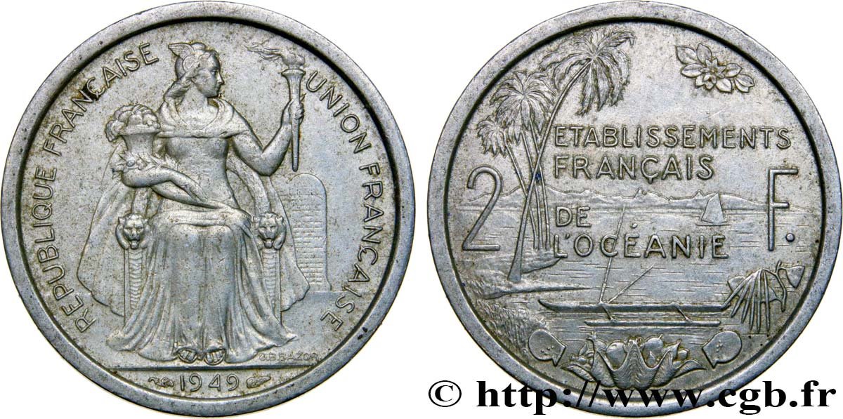 FRENCH POLYNESIA - Oceania Francesa 2 Francs Union Française 1949 Paris MBC 