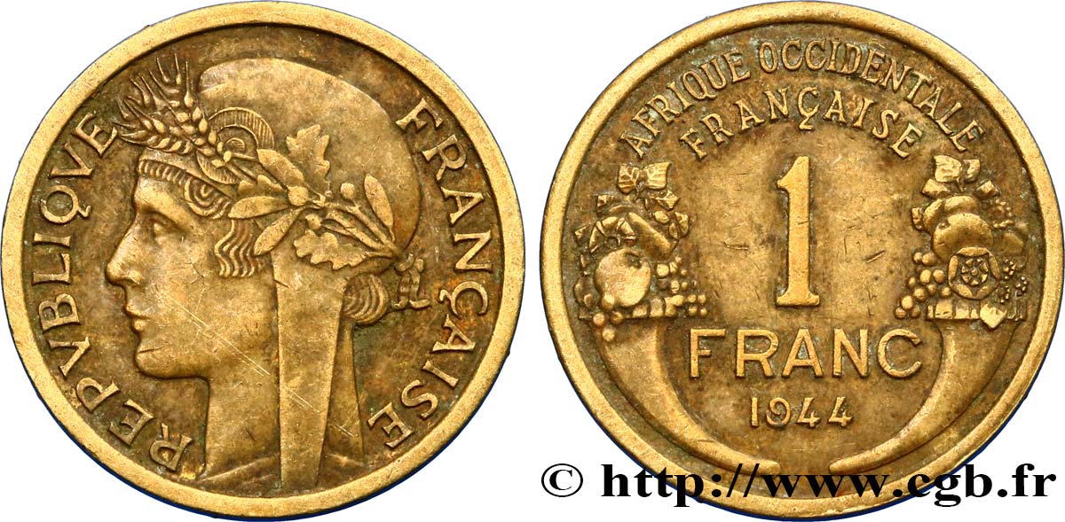 AFRIQUE OCCIDENTALE FRANÇAISE 1 Franc Morlon 1944 Londres TTB 
