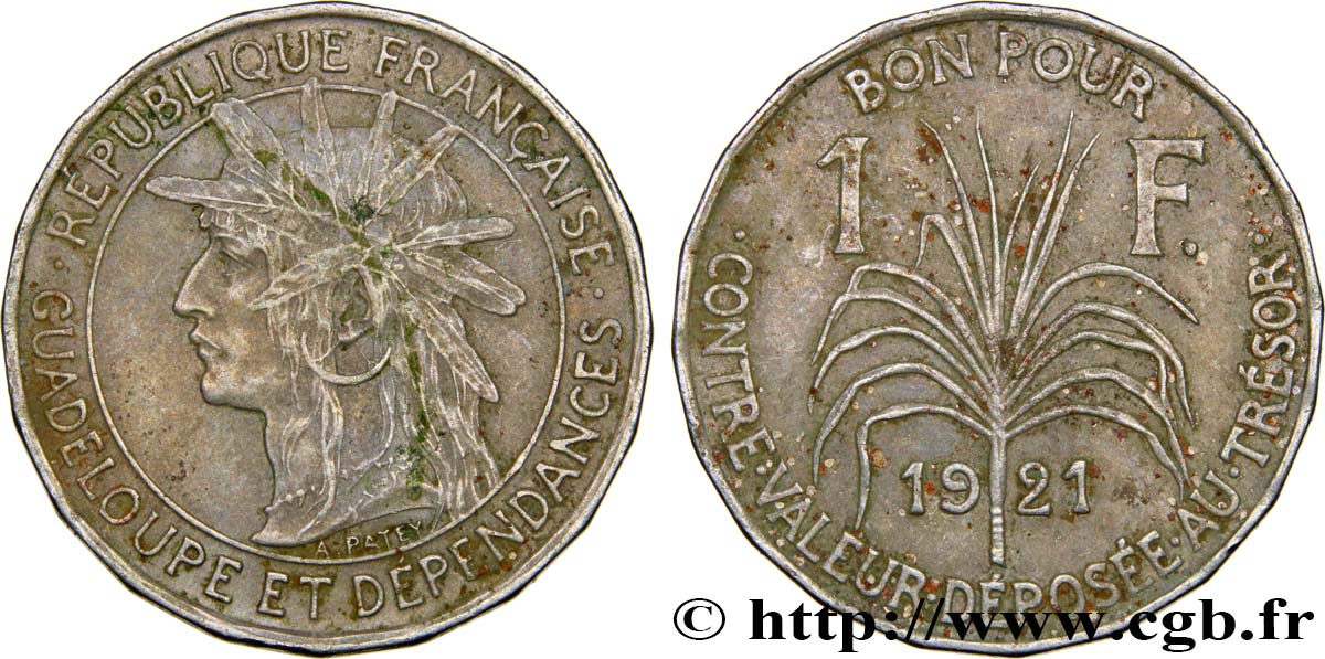 GUADALUPE Bon pour 1 Franc indien caraïbe / canne à sucre 1921  MBC 
