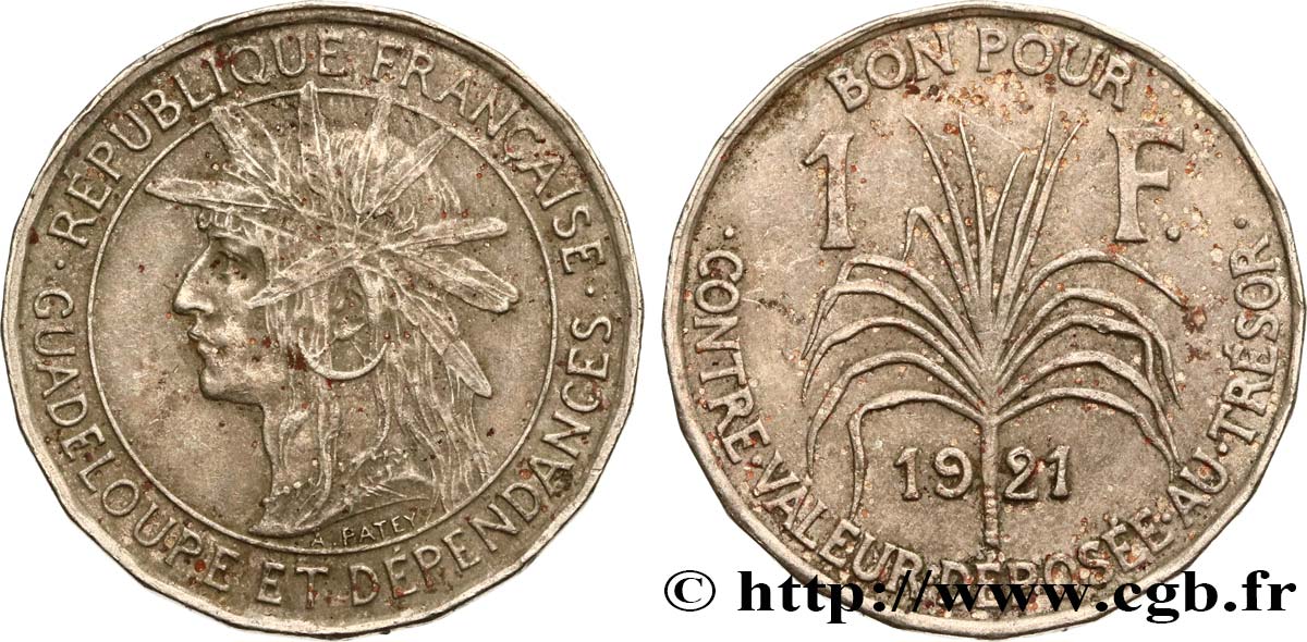 GUADALUPE Bon pour 1 Franc indien caraïbe / canne à sucre 1921  MBC 