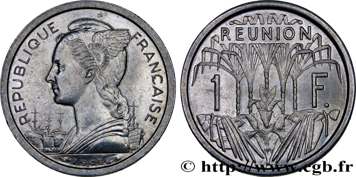 REUNION ISLAND 1 Franc Marianne / canne à sucre 1948 Paris MS 