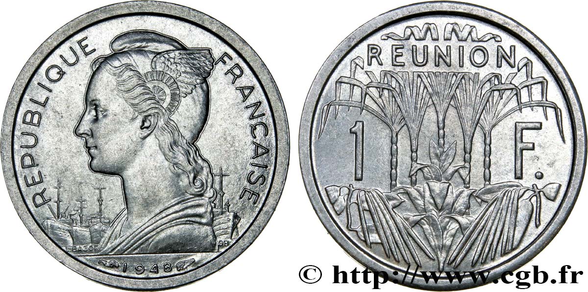 ÎLE DE LA RÉUNION 1 Franc Marianne / canne à sucre 1948 Paris SPL 