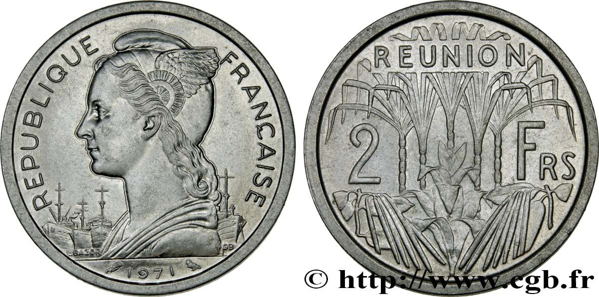 ÎLE DE LA RÉUNION 2 Francs Marianne / canne à sucre 1971 Paris SPL 