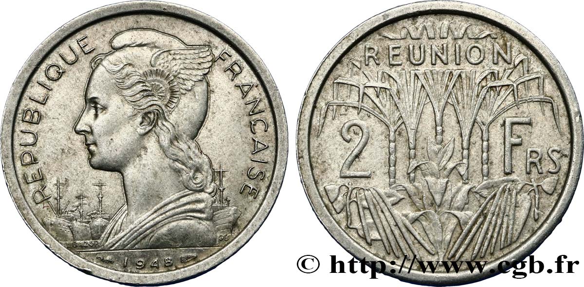 REUNION French Union  2 Francs 1948 Paris XF 