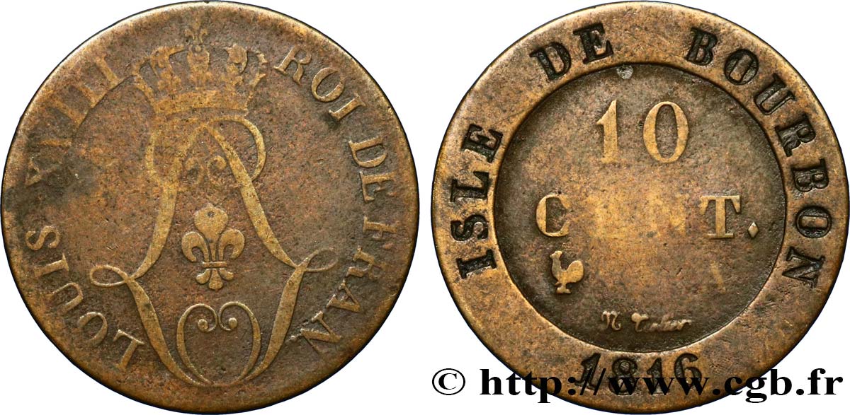 BOURBON ISLAND (REUNION ISLAND) 10 Cent. 1816  VF 