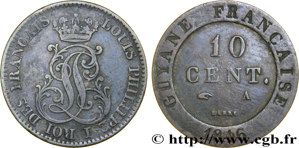 GUYANA FRANCESA 10 Cent. (imes) monogramme de Louis-Philippe 1846 Paris MBC 