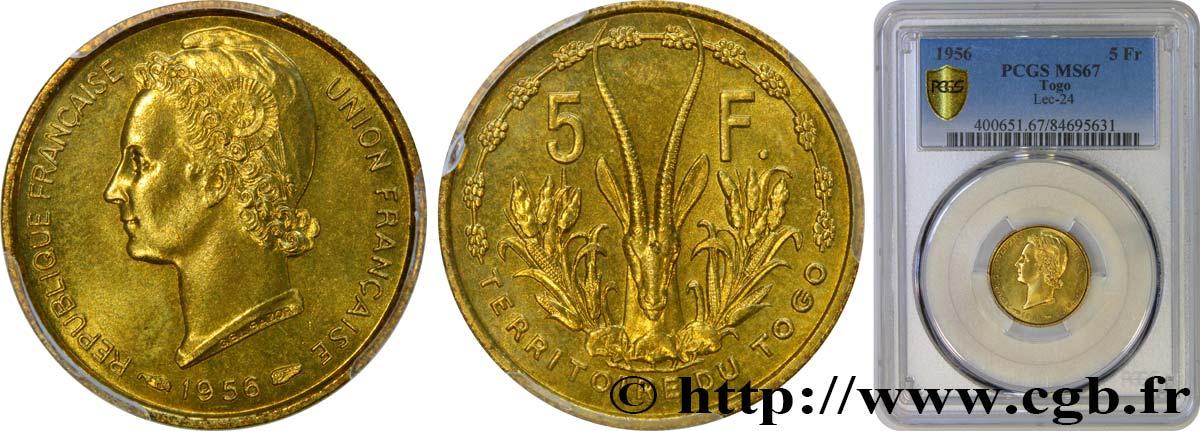 TOGO - UNION FRANCESE 5 Francs 1956 Paris FDC67 PCGS