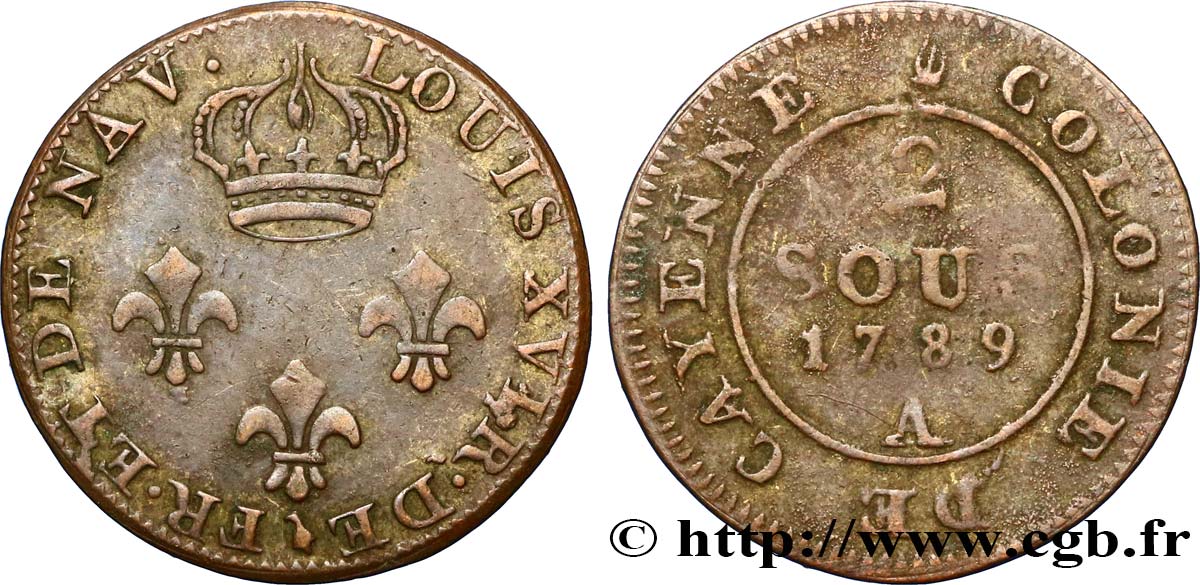 GUYANA FRANCESA 2 Sous colonies de Cayenne 4e type 1789 Paris - A BC+ 