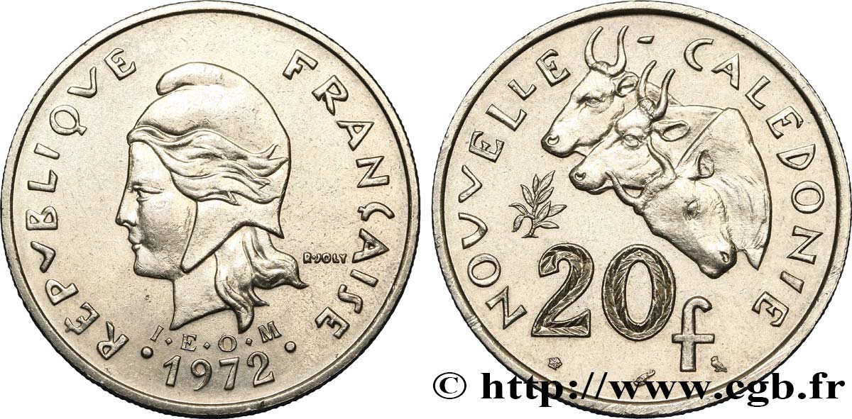 NUEVA CALEDONIA 20 Francs I.E.O.M. Marianne / zébus d’élevage de Nouvelle Calédonie  1972 Paris EBC 