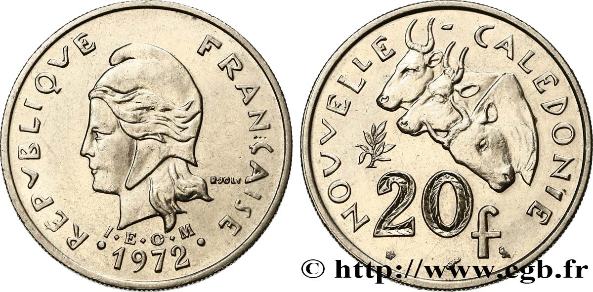 NOUVELLE CALÉDONIE 20 Francs I.E.O.M. Marianne / zébus d’élevage de Nouvelle Calédonie  1972 Paris SUP 