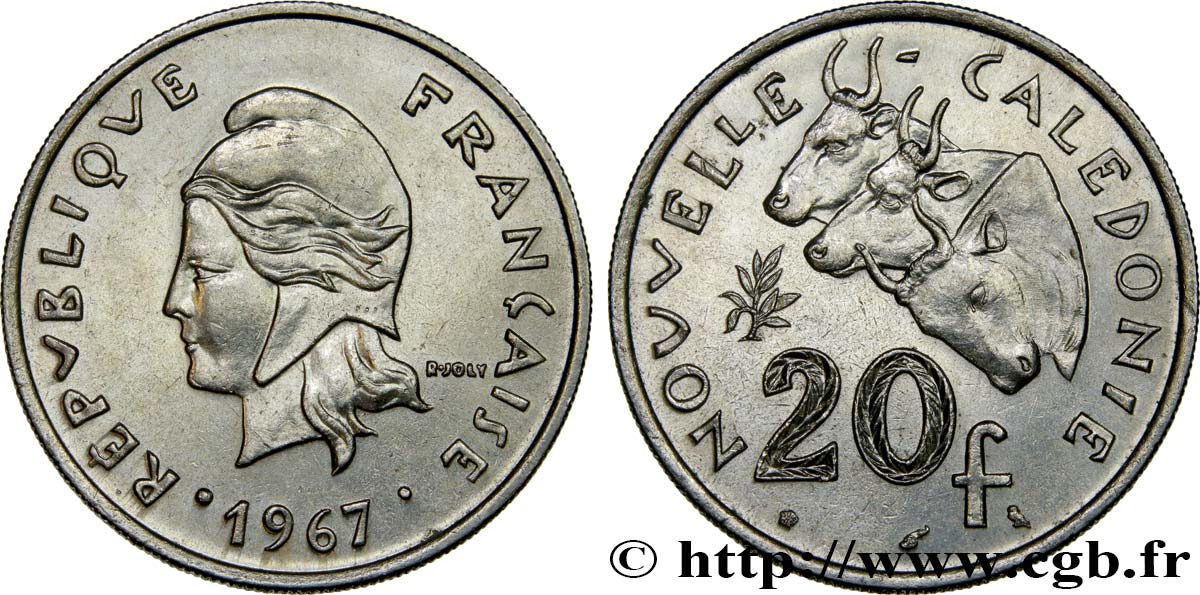 NEUKALEDONIEN 20 Francs Marianne / zébus d’élevage de Nouvelle Calédonie  1967 Paris VZ 
